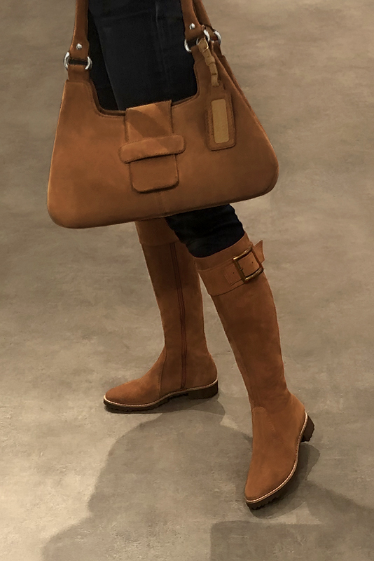 Caramel brown women's riding knee-high boots. Round toe. Flat rubber soles. Made to measure. Worn view - Florence KOOIJMAN
